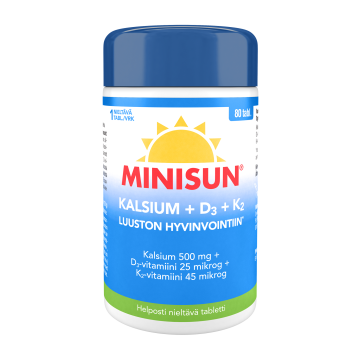 Minisun Luusto Kalsiun + K2 + D-vit. (500mg + 45mikrog + 25mikrog) 80 tabl