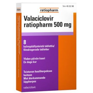 VALACICLOVIR RATIOPHARM 500 mg tabl, kalvopääll 8 fol