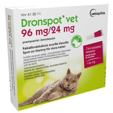 DRONSPOT VET 96 mg / 24 mg paikallisvaleluliuos (suurille kissoille)2x1,12 ml